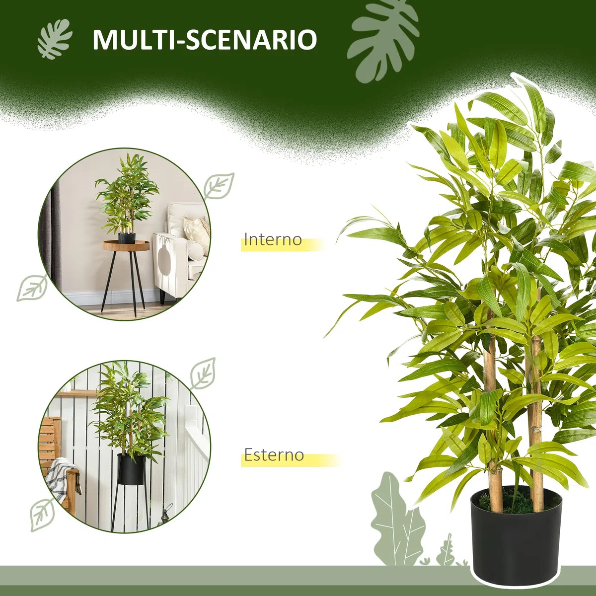 HOMCOM Pianta di Bambu Artificiale Alta 60 cm con Vaso in Cemento, Ø15x12.5 cm Pianta Finta in Poliestere e PP, Verde