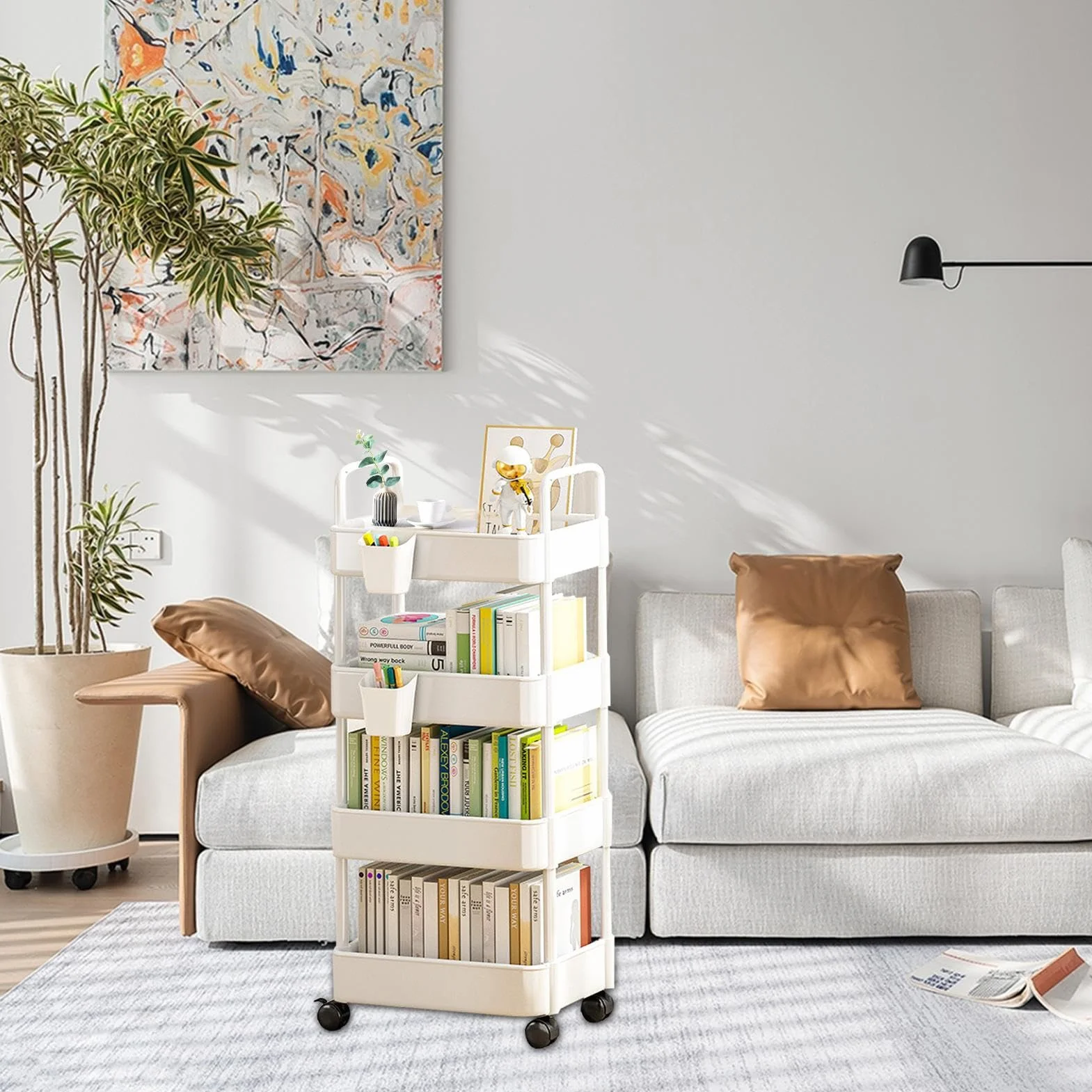 Scaffale per Libri con Ruote, Organizer per Carrello a 3/4 Livelli, per Biblioteca, casa, Lavanderia