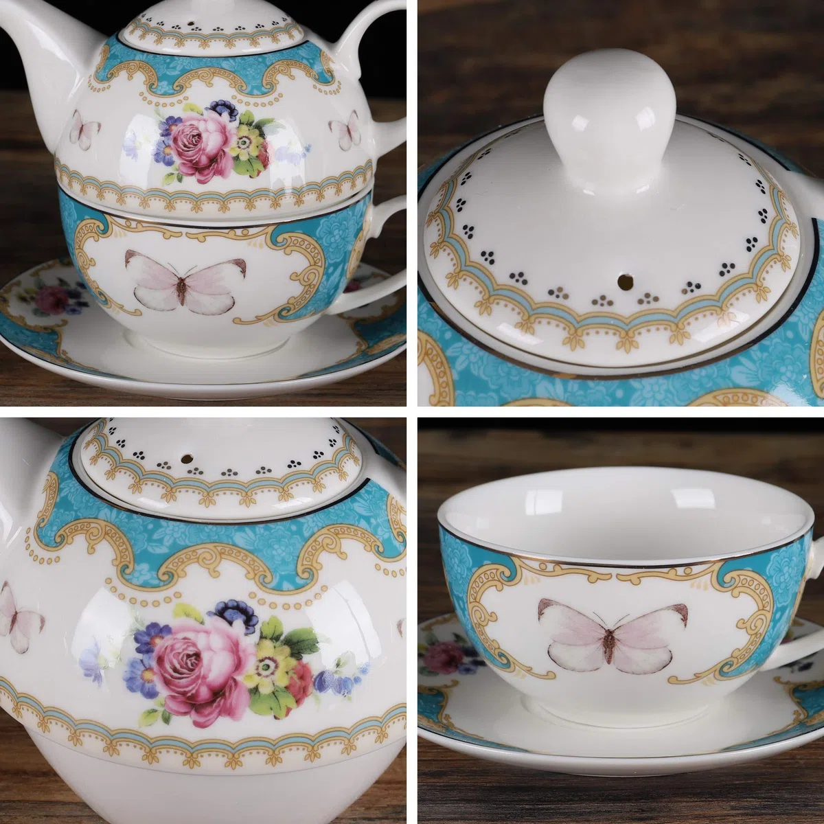 fanquare Servizio da Tè per Una Persona con Vintage Fiori di Rosa, Una Teiera con Tazza di Caffè e Piattino in Porcellana Turchese