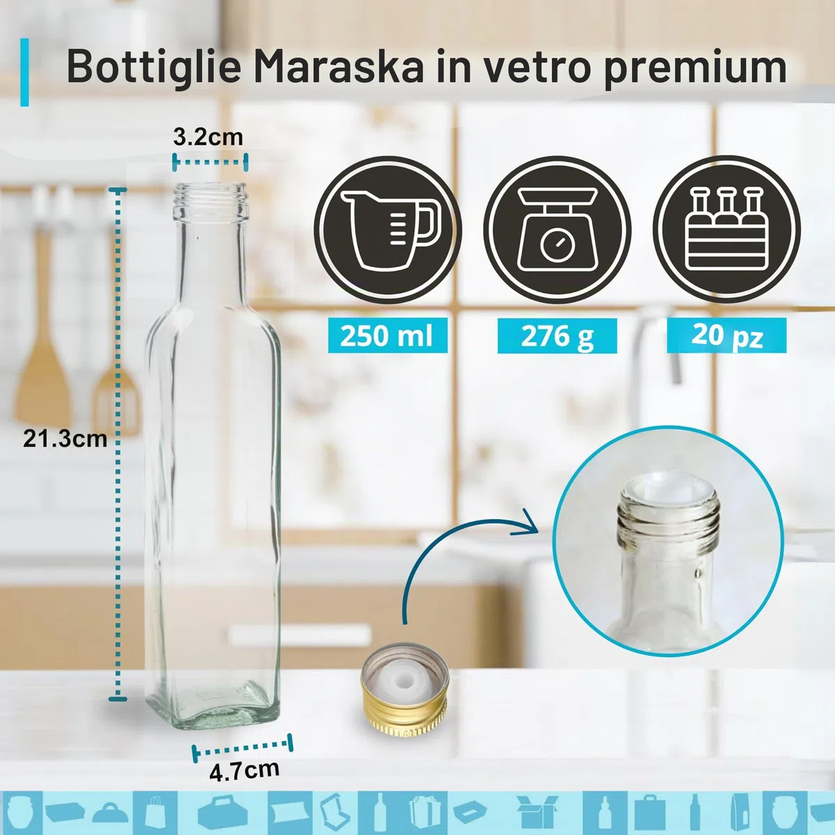 Espirito Rebelde 20 bottiglie di vetro, 250 ml, con tappo a vite dorato con beccuccio | Olio d'oliva, aceto, alcol, salse | Bottiglia per olio in vetro