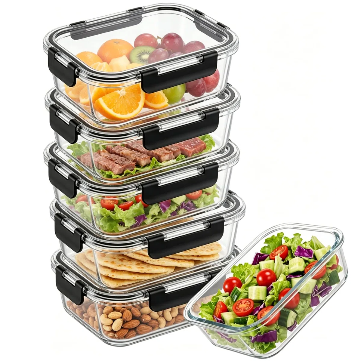 Zocipro 5pcs 1000ml Contenitori per Alimenti Ermetici in Vetro Borosilicato con Coperchio,Ermetici e a Prova di Perdite, Contenitore Ermetico per Alimenti, Adatti a Forno, Microonde e Lavastoviglie