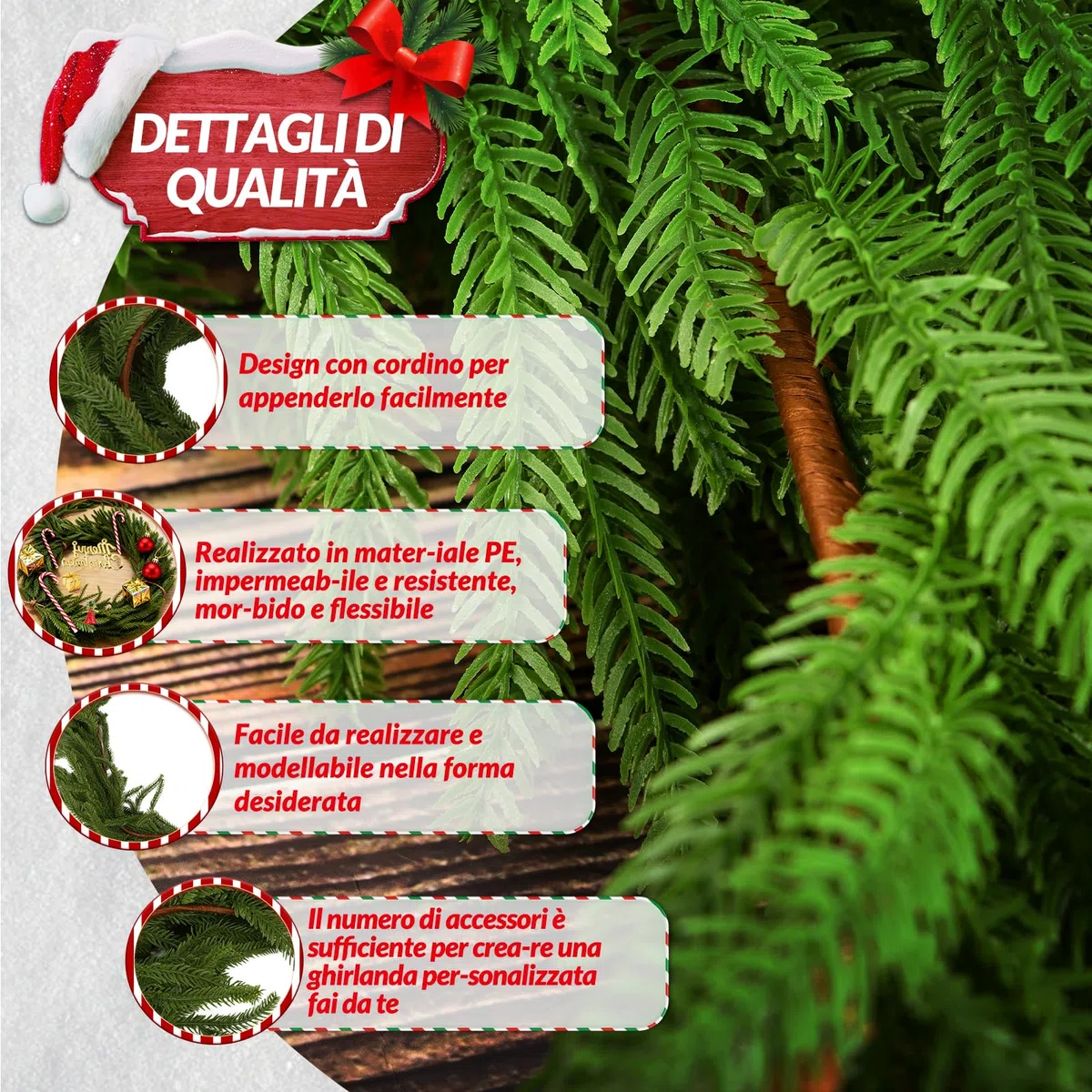 Ghirlanda Natalizia, 270cm Ghirlanda di Natale Artificiale con 38 Pezzi Ornamenti e Luci 30 LED Addobbi Natalizi per la Casa per Porta, Camini, Scale, Centrotavola Natalizio (2.7 m)