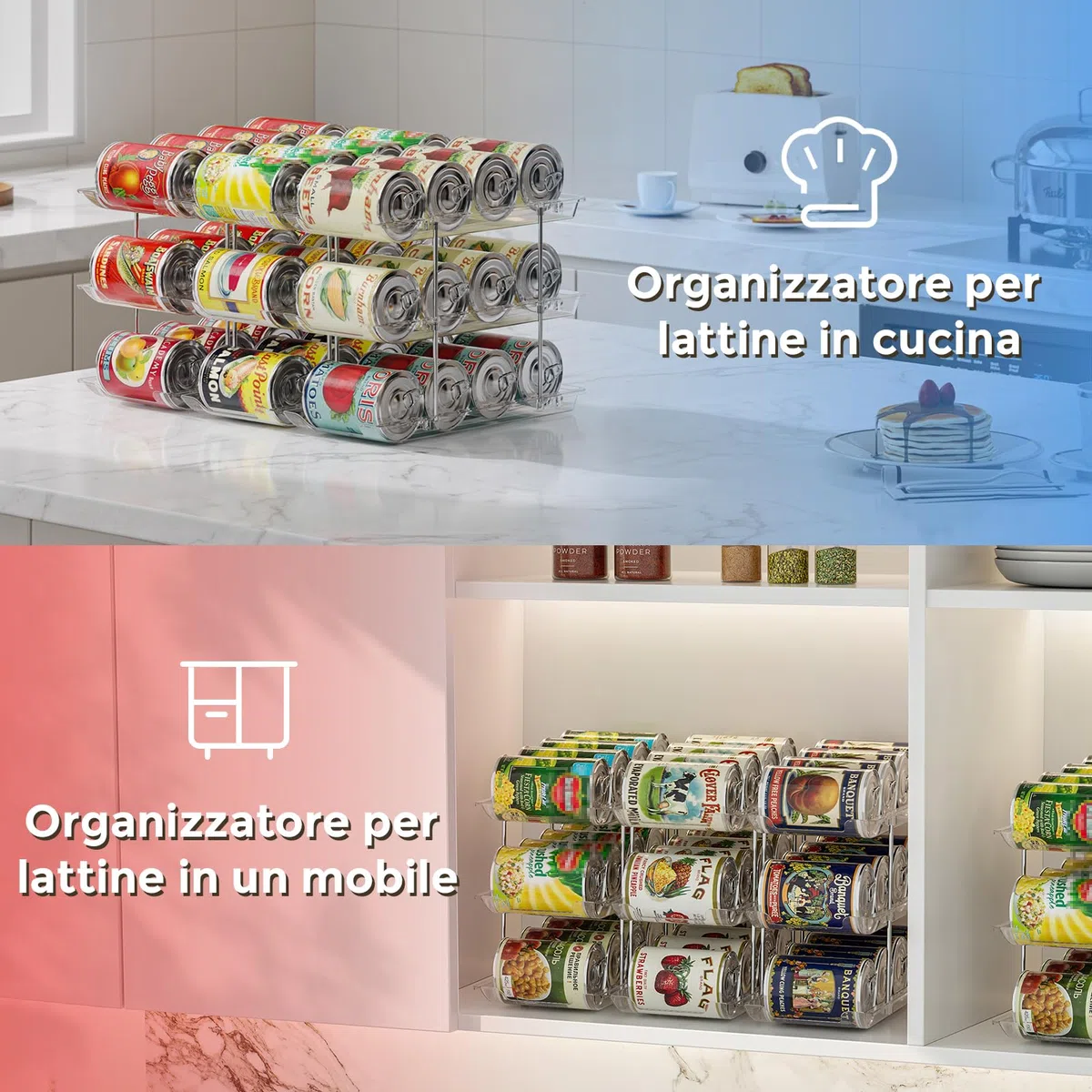 Organizer per lattine per dispensa Organizzatore impilabile a 3 ripiani Organizzatore per bibite da dispensa per frigorifero, 36 scomparti, con ruote automatiche, trasparente