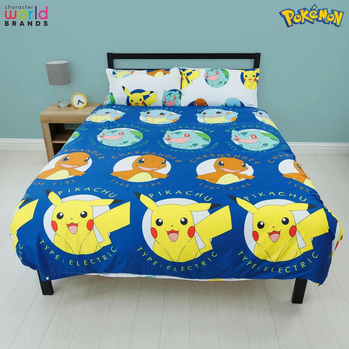 Character World Set copripiumino matrimoniale ufficiale Pokemon Gotta Design | blu reversibile Pikachu Squirtle Charmander 2 lati biancheria da letto prodotto ufficiale con federe coordinate
