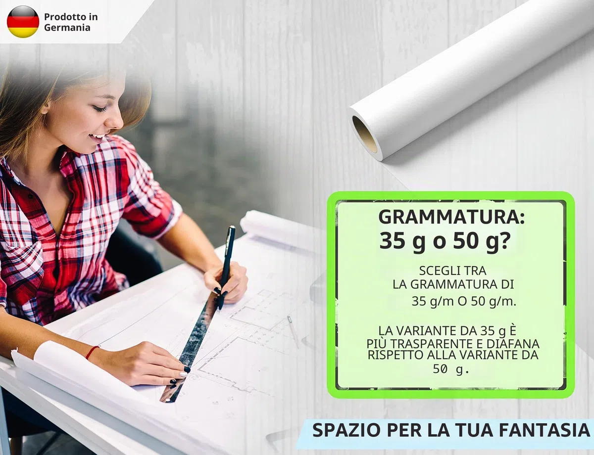ELES VIDA cartamodello premium 91,4 cm x 50 metri 50 g/m - rotolo di carta trasparente bianco - carta da disegno, schizzi, carta artigianale fai-da-te per artigianato, architettura, disegno