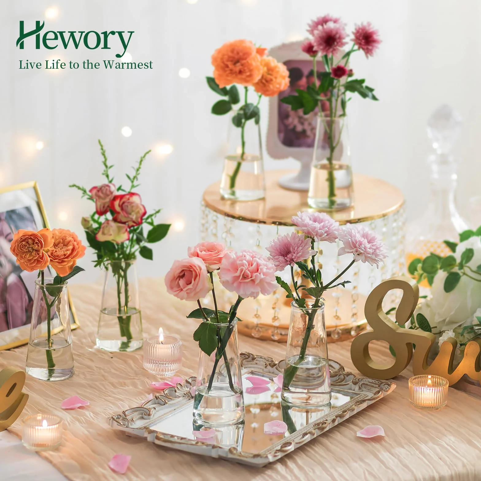 Hewory Piccoli vasi in vetro per decorazione da tavolo per matrimoni: set di 12 piccoli vasi trasparenti per fiori moderni, in vetro per decorazione di nozze, tavolo da pranzo