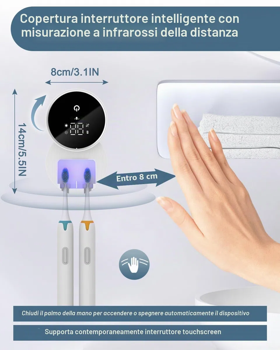 Disinfettante per Spazzolini da Denti, Portaspazzolino Elettrico con Funzione di Asciugatura, Temporizzata, Schermo LED, Ricaricabile a Parete