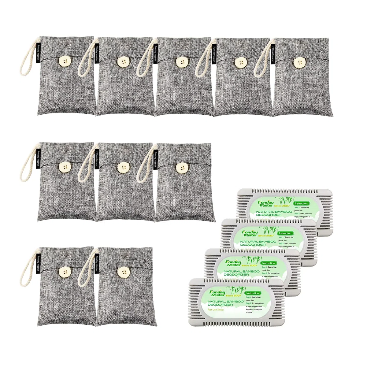Confezione da 10 sacchetti deodoranti al carbone di bambù (100 g ciascuno) con 4 confezioni di deodoranti per frigorifero, eliminatori di odori e assorbitori d'aria, purificatori d'aria per
