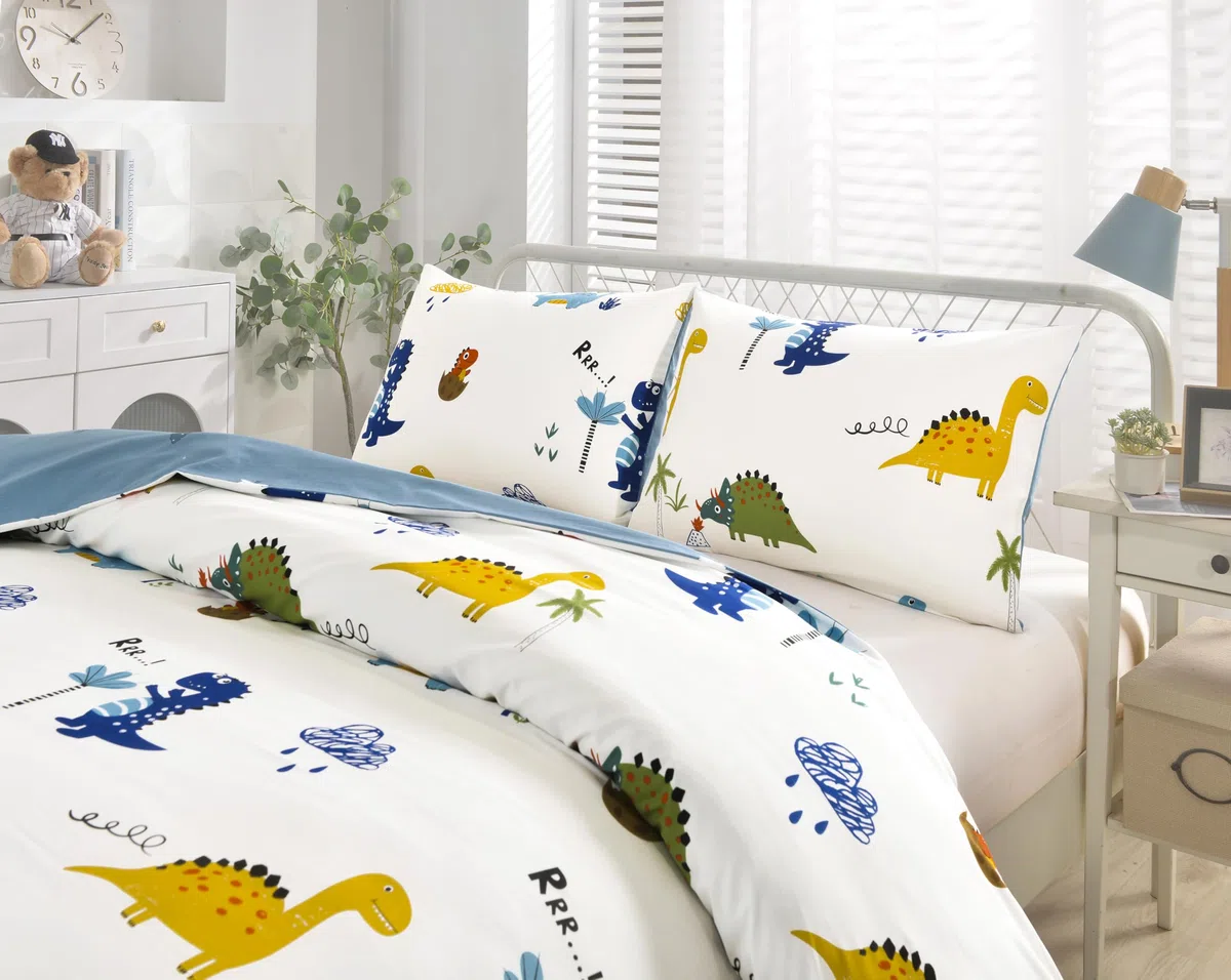 Lunoroey, Set di biancheria da letto con copripiumino per bambini, misura doppia, 100% cotone, per ragazzi e ragazze, con motivo di dinosauri, morbido cotone per tutte le stagioni, copripiumino e