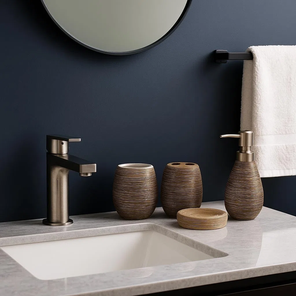 Set Bagno Accessori Completo in Resina - Moderni - 4 Accessori Porta Sapone e Spazzolini -
