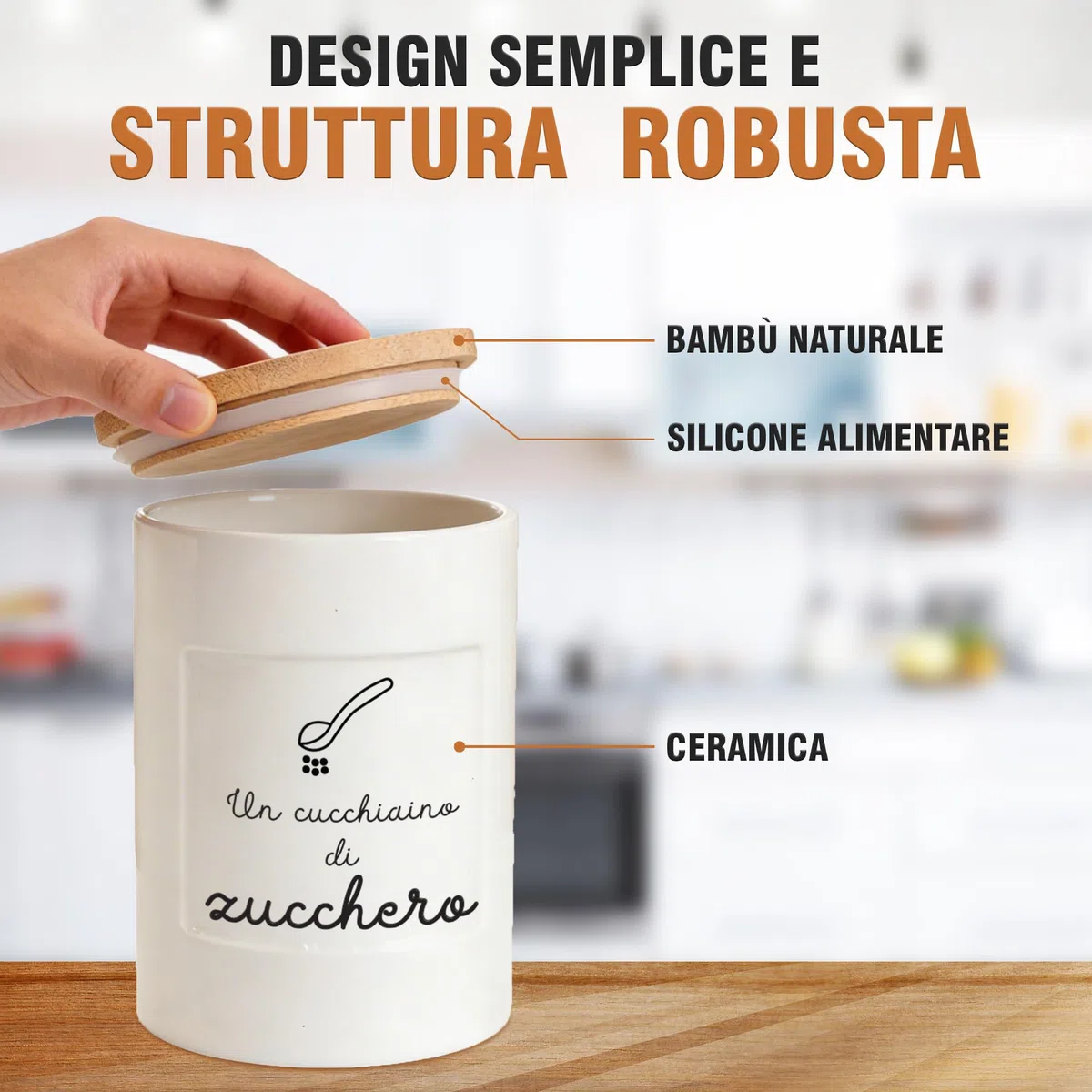WELCOMAT, Set Barattoli Ceramica Sale Zucchero Caffè - 11cm / 600 ml - Idee Regalo Cucina, Barattolo con Chiusura Ermetica, Descrizione Simpatica, Contenitori, Vetro e Legno, Porta spezie
