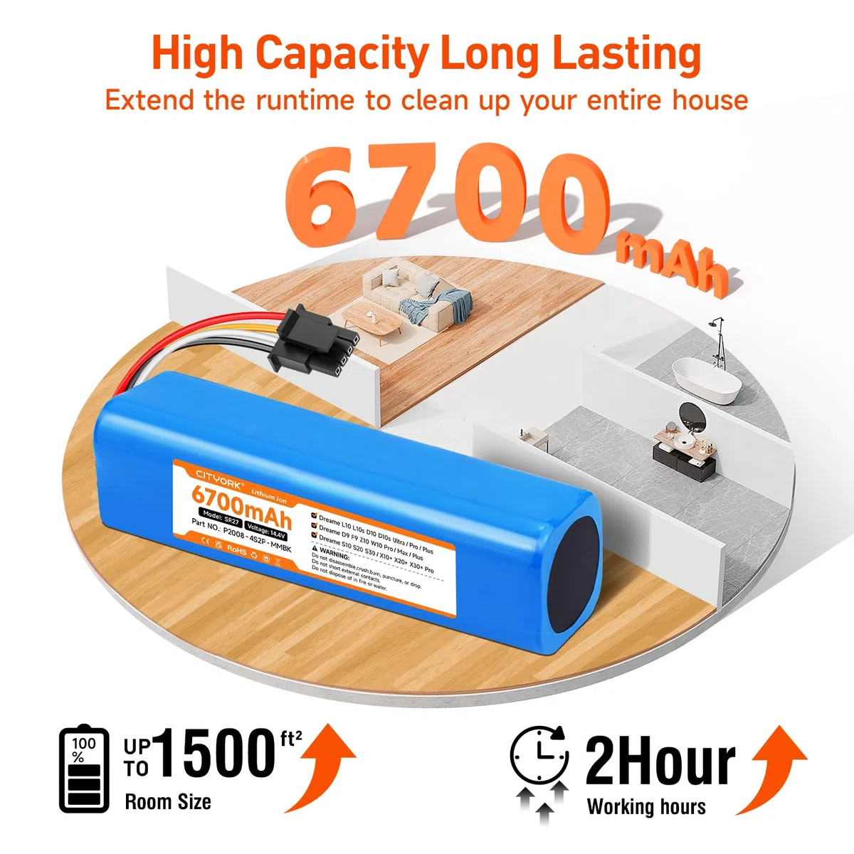 CITYORK 6700mAh/14.4V Li-ion Batteria per Dreame L10s Ultra L10 D10 D10s Z10 Pro/Ultra/Plus, per Dreame D9 F9 Max/Pro, per Xiaomi Robot Vacuum X20+ X10+ Plus/Pro/Max P2008-4S2P-MMBK Batteria