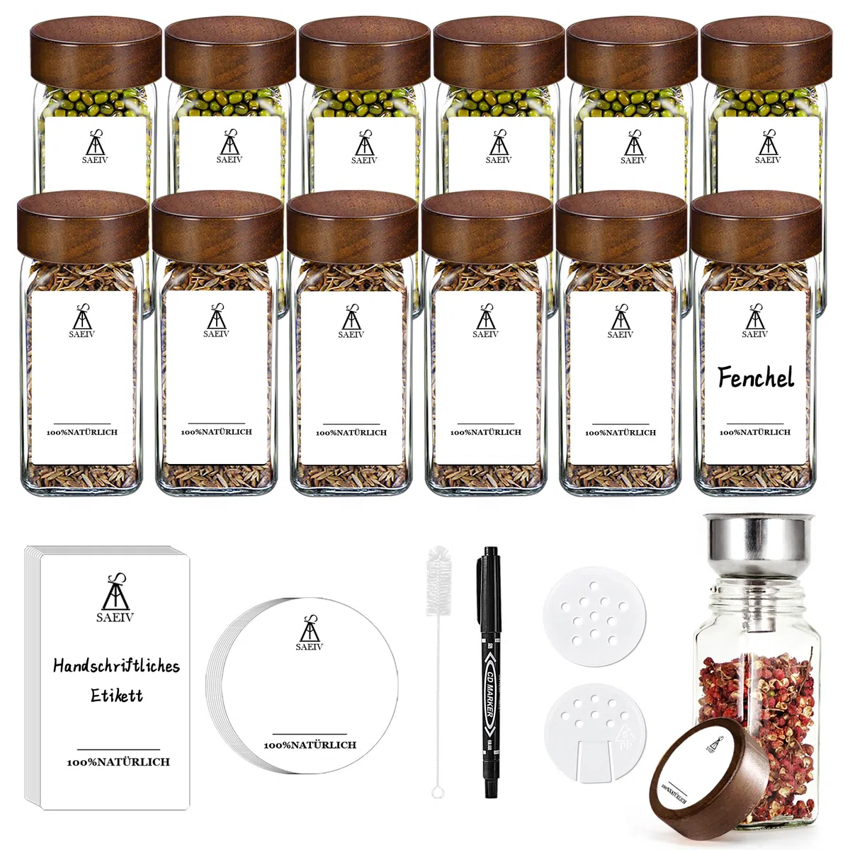 Set di barattoli per spezie, 12 pezzi, 120 ml, sigillati per spezie, portaspezie, portaspezie con coperchio in legno, per l'organizzazione della cucina…