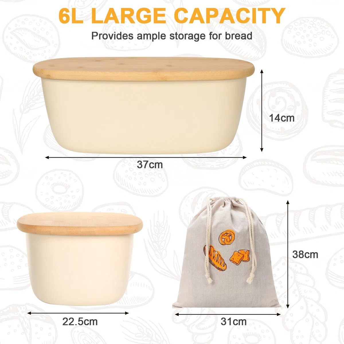 Cozary Portapane con Coperchio in Bambù, 6L Porta Pane da Cucina con Sacchetto per il Pane in Lino, 37x22,5x14 cm, Fondo Antiscivolo, una Aggiore Freschezza (Bianco)