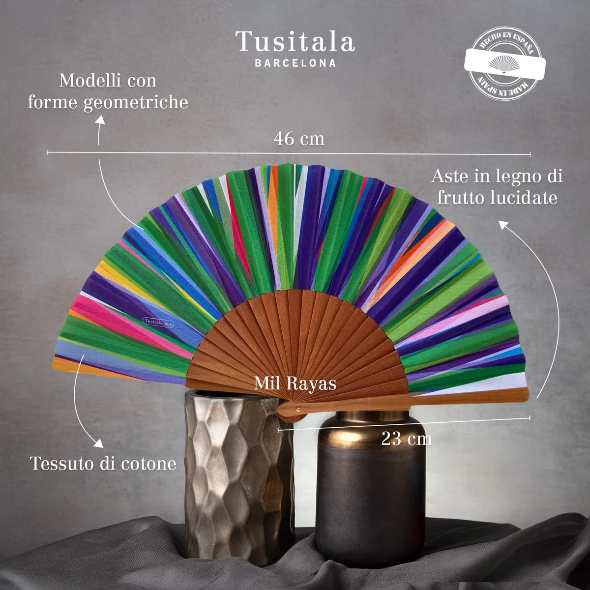 Ventaglio spagnolo Mil Rayas - Legno e cotone - 23 cm - Custodia in yute natural - Accessorio moda - Fatto a mano in Spagna - Eventi e regali - Collezione Geometrie - Tusitala Barcelona