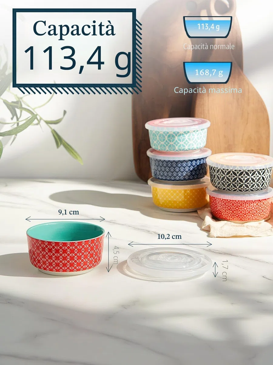 DOWAN Pirottini per Soufflé con Coperchio, 6 X 120 ml Stampi a Prova di Forno per Crème Brulée, Muffin, Mini Ciotola Porcellana per Forno, Salsa, Snack, Fruttoda, Ø 9,0cm-Colori Vivaci