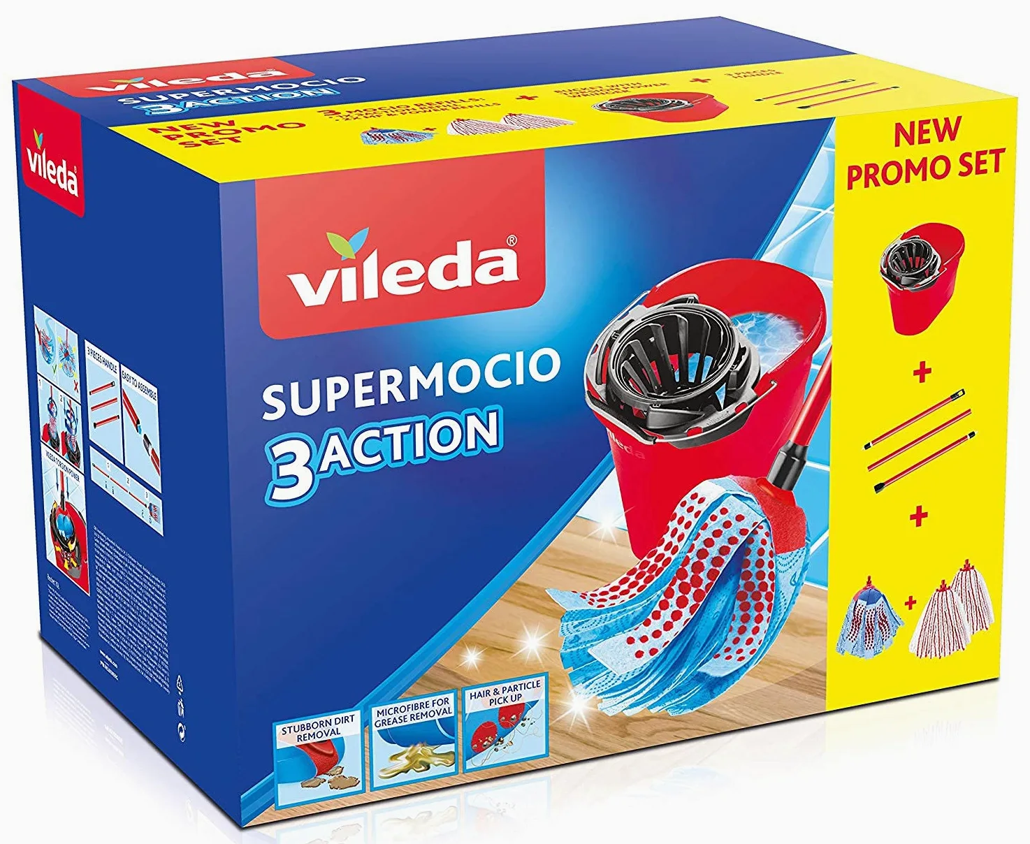 Vileda SuperMocio Box, Sistema Lavapavimenti, Set con Strizzatore, 2 Fiocchi Microfibra & Power, 1 Fiocco 3Action, Manico 3 Pezzi, ‎Rosso