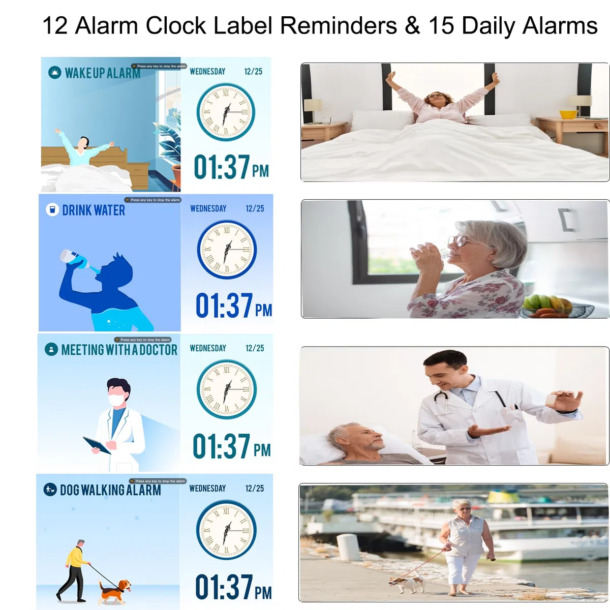 LEMNOI Sveglia Digitale,Orologio Anziani Demenza con Giorno e Data,Calendario Elettronico Orologio da Parete per anziani, ipovedent,15 Allarmi & Promemoria farmaci,Oscuramento Automatico (nero)