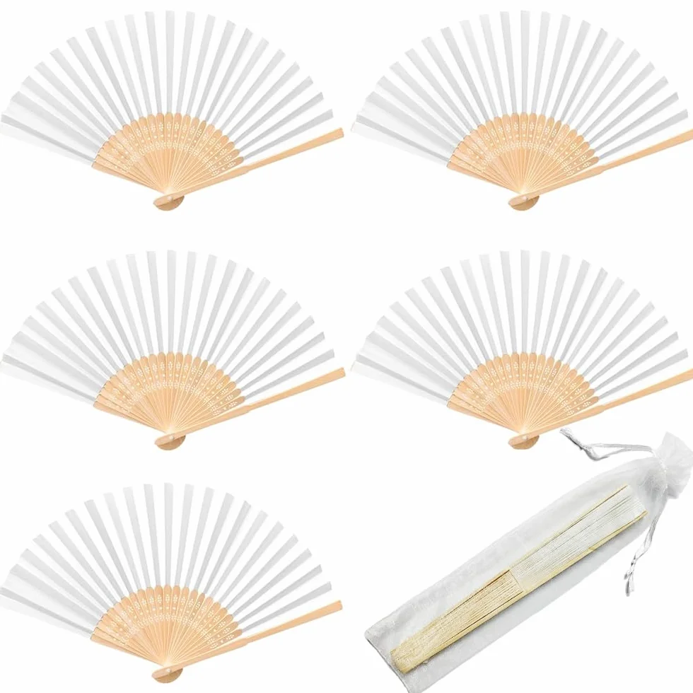 30 Pezzi Ventagli Matrimonio Bianchi Pieghevole Carta con Sacchetti Organza bianco Ventaglio Bianco per Regali Matrimonio