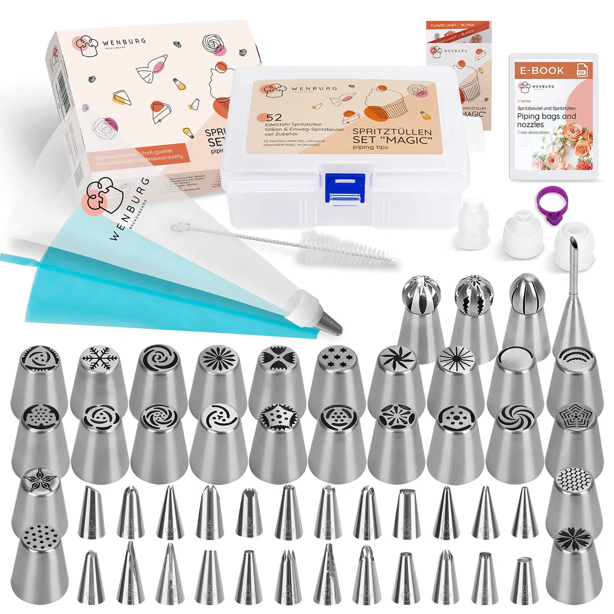 Wenburg Sac à poche con beccucci – 100 pezzi – Set di beccucci per torte in acciaio inox – Set professionale per gli ambiziosi hobbisti – Versatile