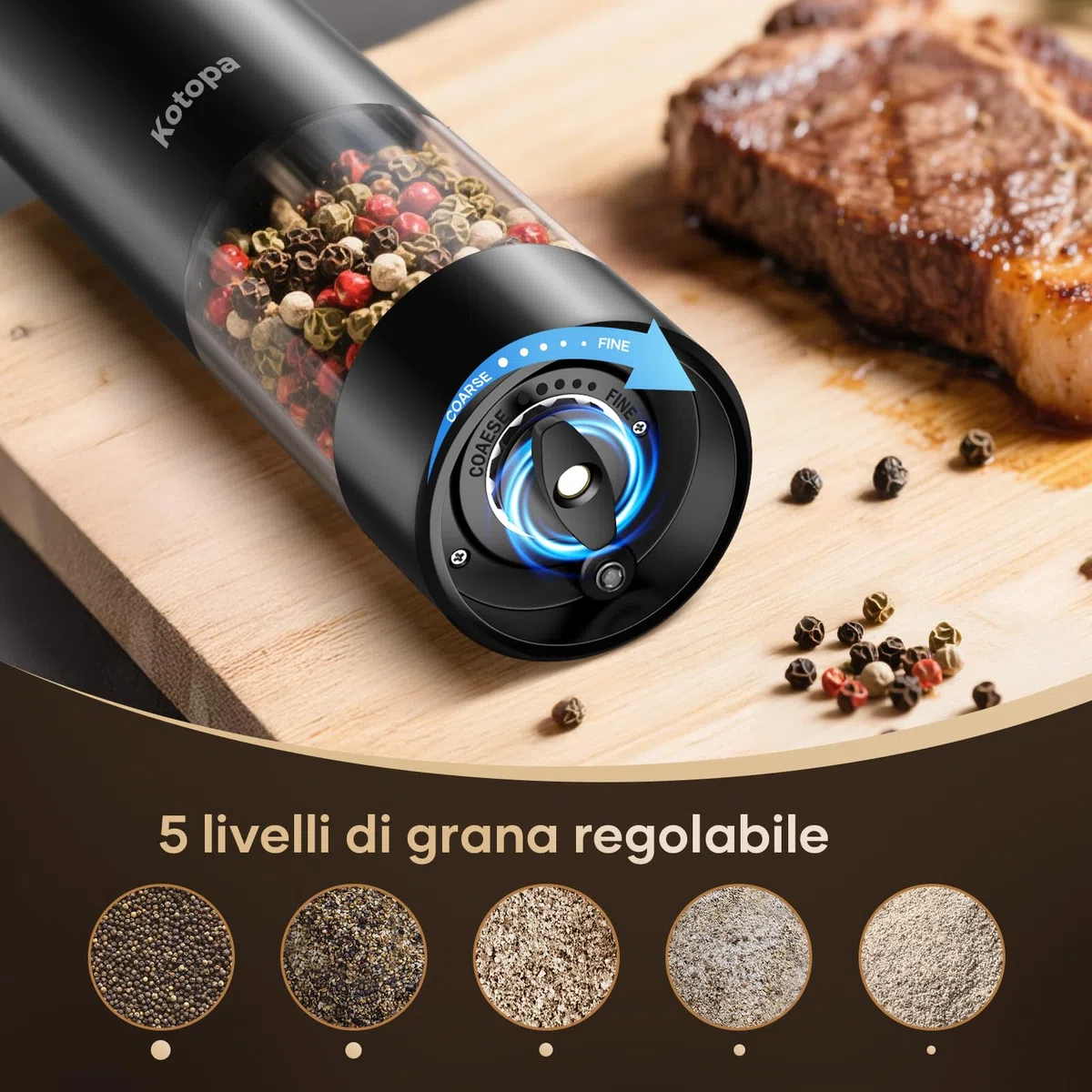Kotopa Macina Sale e Pepe Elettrico Ricaricabile, Macinapepe Elettrico con Macinino in Ceramica a 5 Livelli Regolabile, Base, Luci LED, 100mL - Set da 2 (Nero)