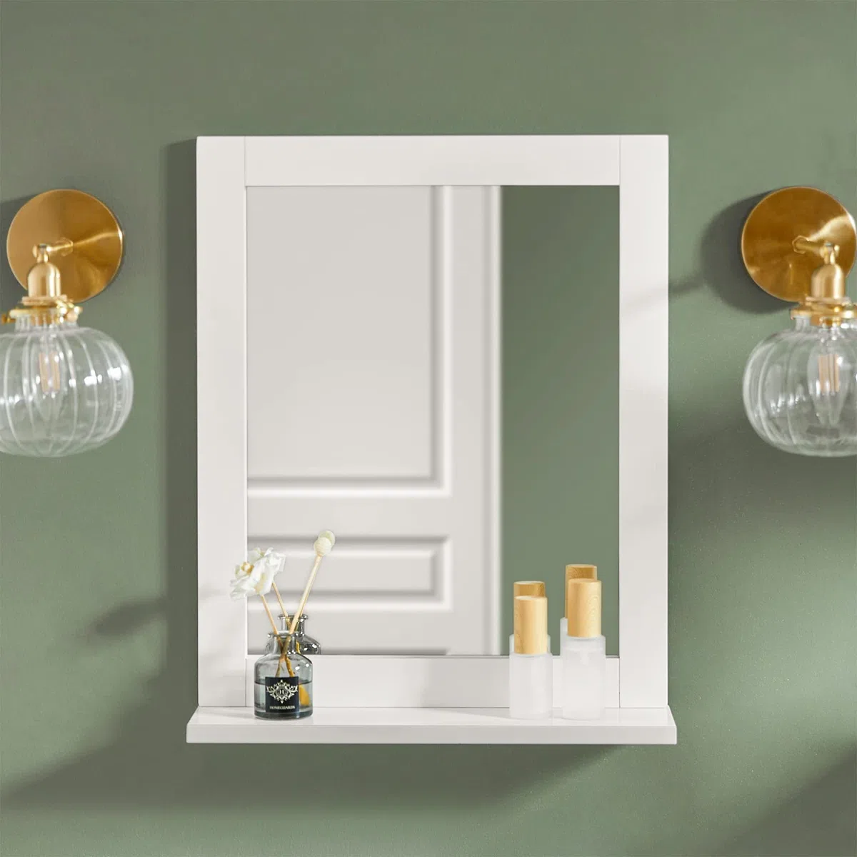 SoBuy Pensile Bagno Sospeso con Specchio Mobiletto Bagno Salvaspazio Armadietto da Parete con Mensola, Specchio Contenitore per Lavatrice, Lavandino, Lavanderia Bianco 40x49x10cm FRG129-W