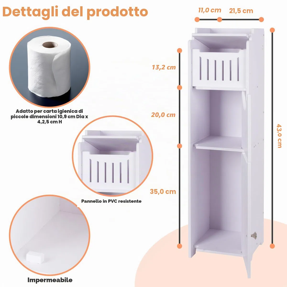 powerking Supporto per carta igienica, Sopra l'armadio di stoccaggio WC per bagno, Mensola angolare sottile per piccolo spazio di stoccaggio, Armadio di stoccaggio bagno piccolo con porte, Bianco