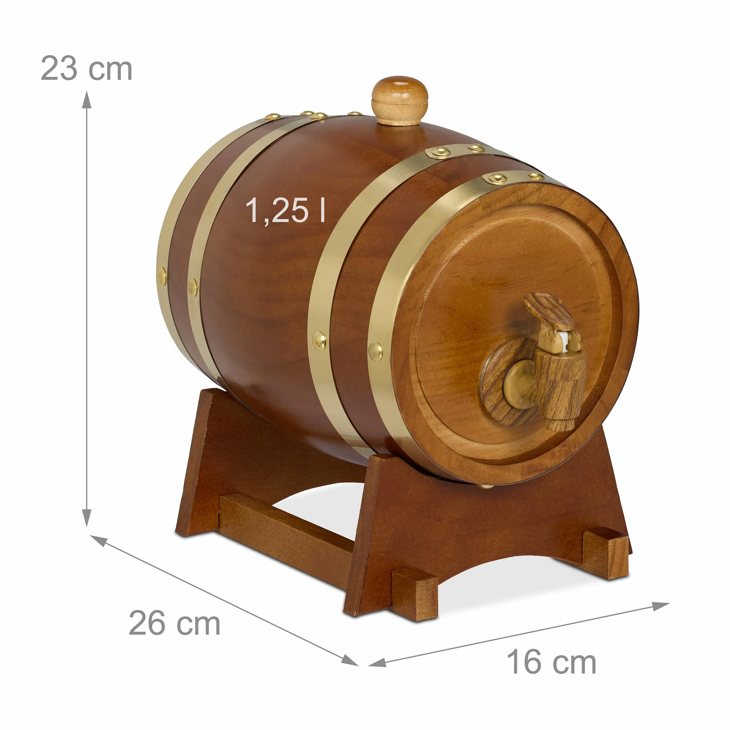 Relaxdays Botte per Liquori, Mini Barile in Legno da 1,2 L, con Rubinetto e Supporto, per Whisky, Vino, Marrone Scuro