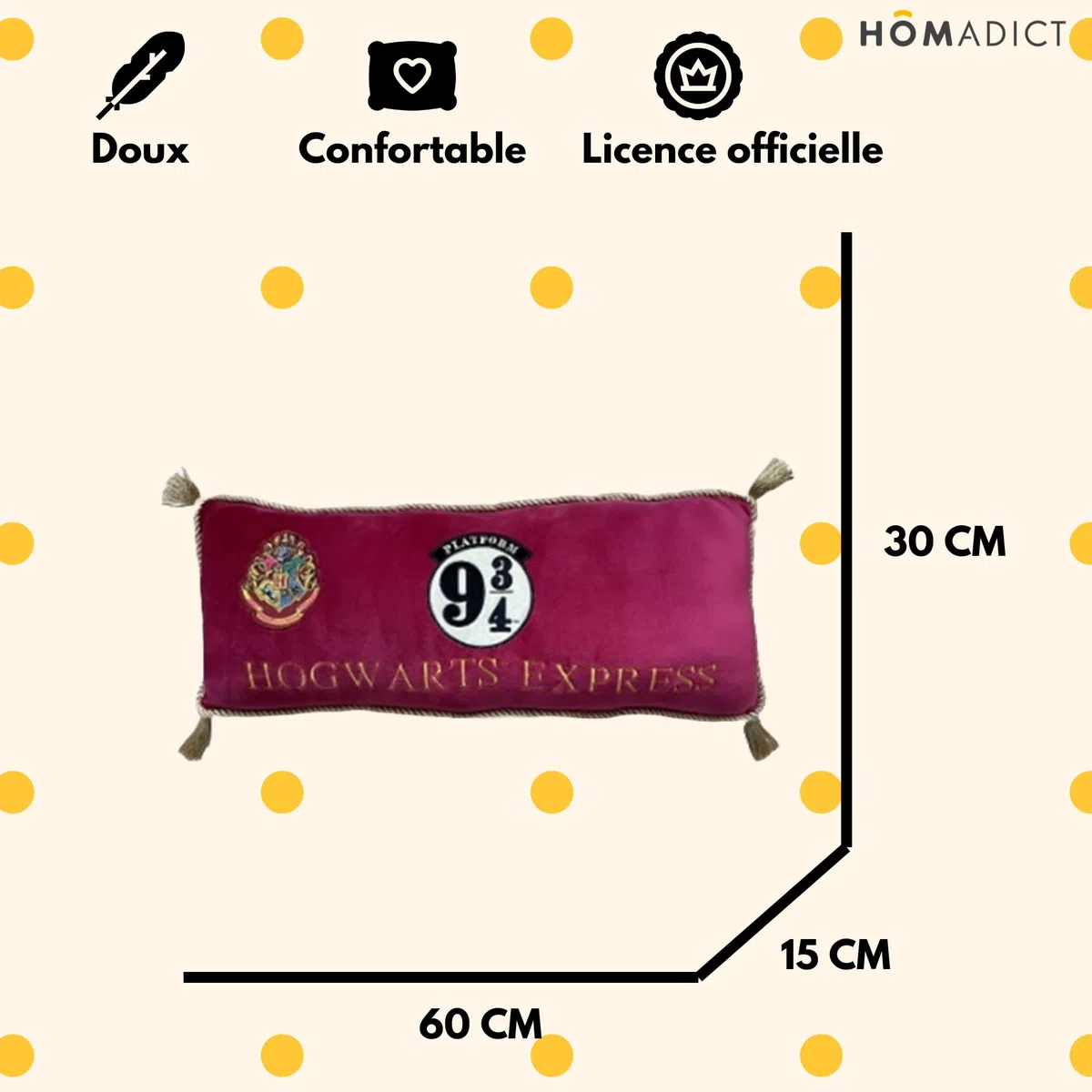LYO Cuscino rettangolare Harry Potter ricamato con logo Piattaforma 9 3/4, materiale ultra morbido, confortevole e piacevole da stringere, decorazione, alta qualità, dimensioni: 60 x 20 cm