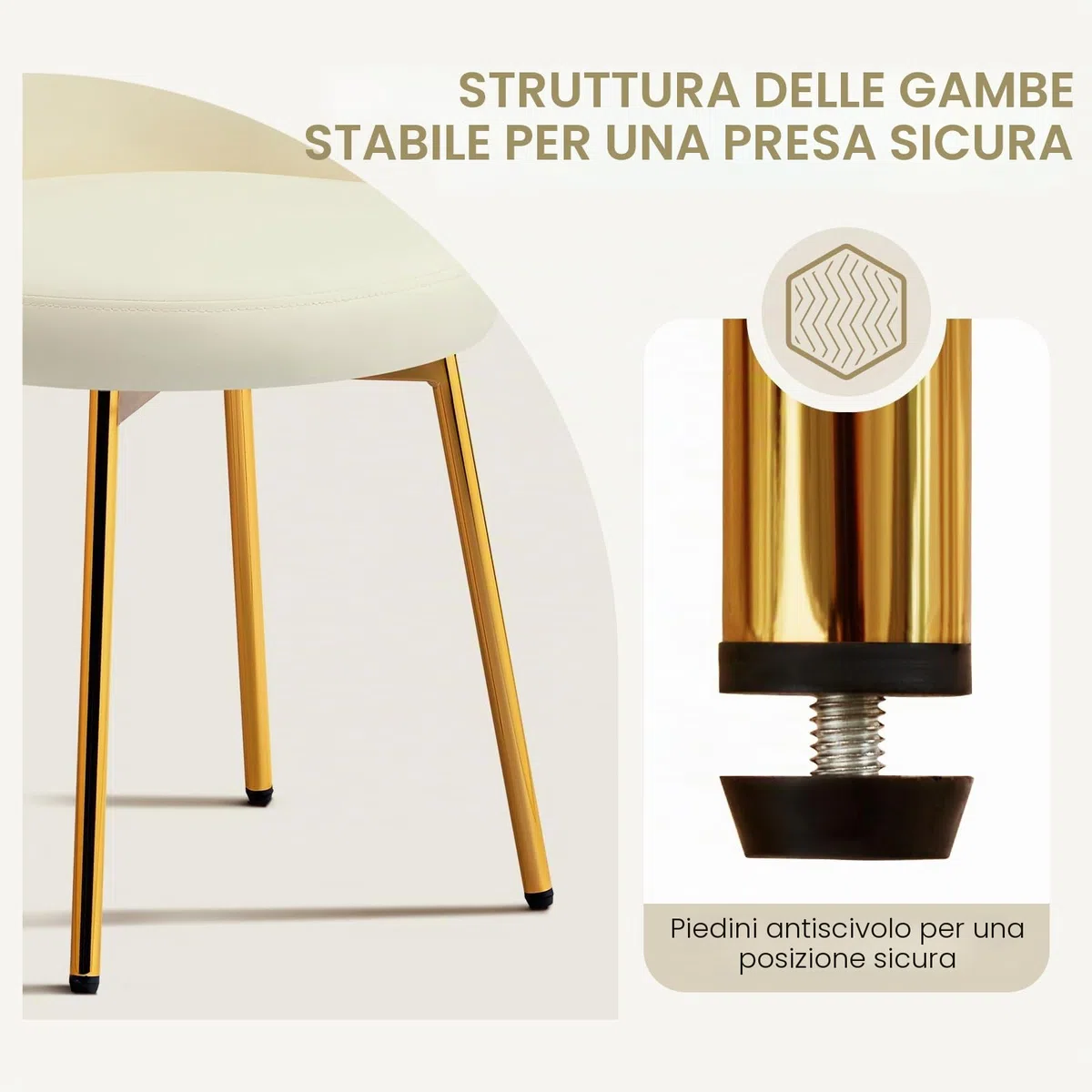 Hellove Sgabello per Toeletta Trucco, Sgabello Basso con Gambe in Metallo Dorato, Moderno Makeup-Hocker in Pelle, Stool Poggiapiedi con Schienale Curvato per Camera da Letto, Soggiorno, Beige
