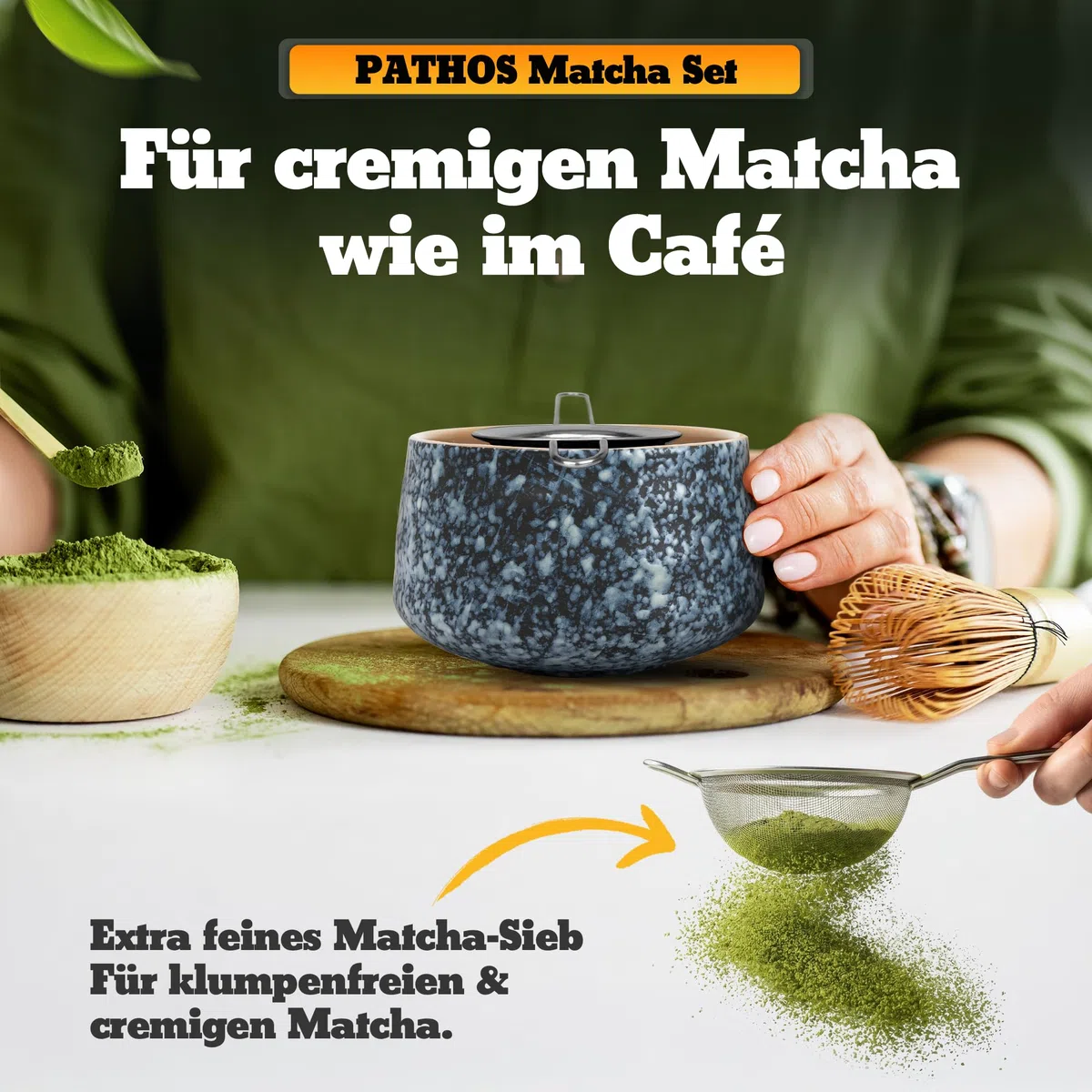 Set Matcha Premium in ceramica – Set Matcha tradizionale con scopa e ciotola, colino e porta scopa – Set Macha Tea – Kit accessori Matchaset senza polvere – Whisk Matchabesen (nero)