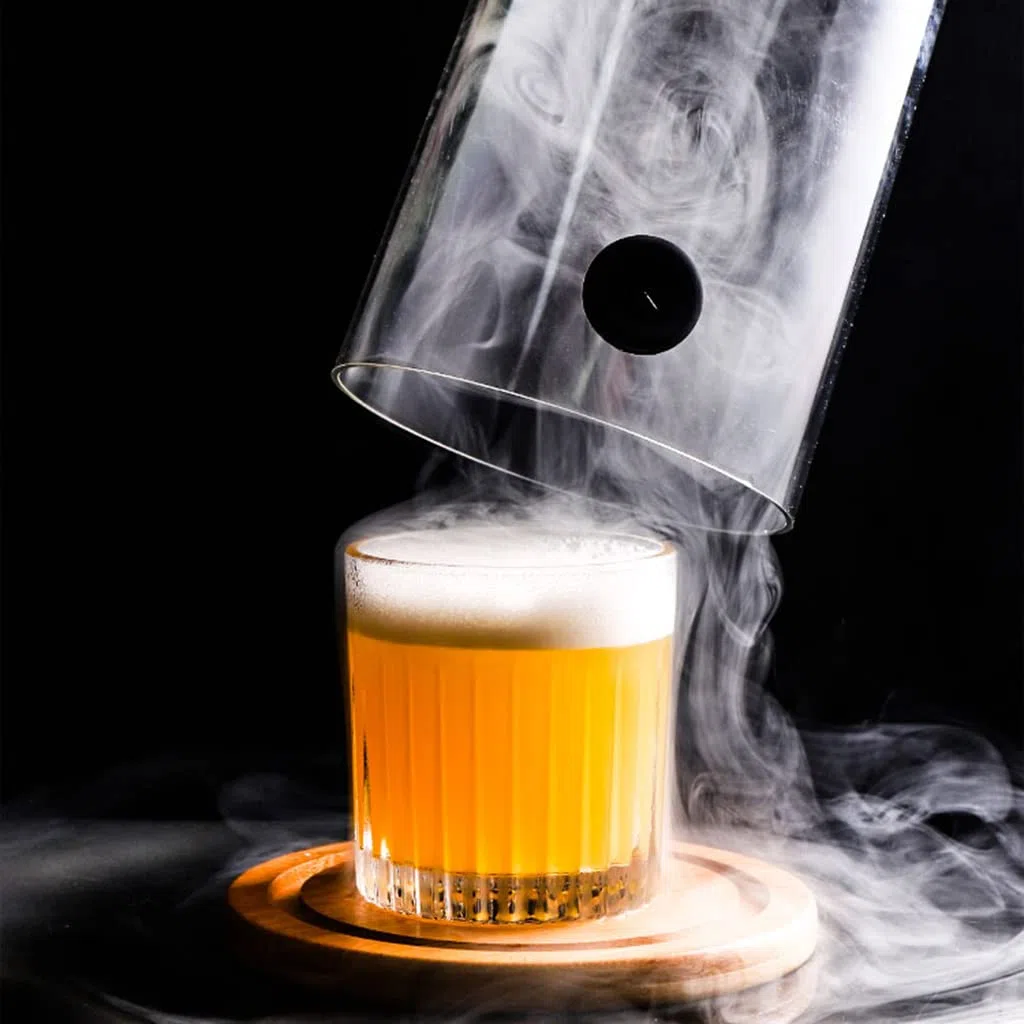 Cloche in plastica per affumicare, coperchio per cucina molecolare con fori in gomma, base in legno per cocktail, torte, bevande, fumare, cloche, copertura a cupola in vetro
