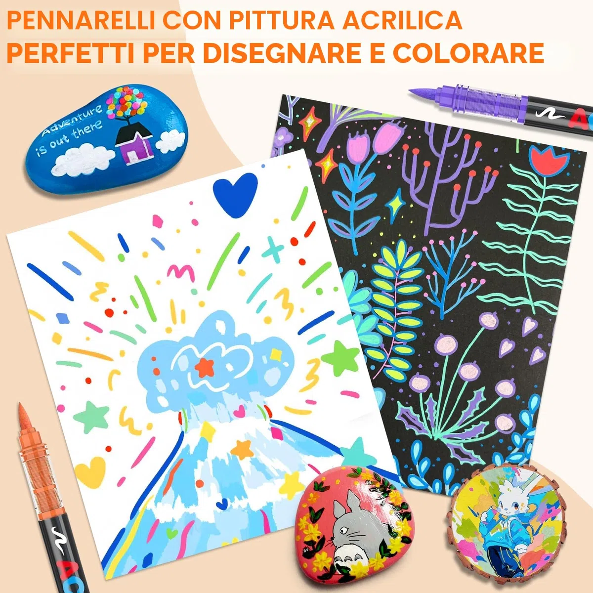 Pennarelli Acrilici, 60 Colori Acrylic Marker, Acrilici Brush Pen Marker per Colorazione, Calligrafia, Pittura, Legno, Vetro, Plastic, Tessuti, Sassi, Ceramica