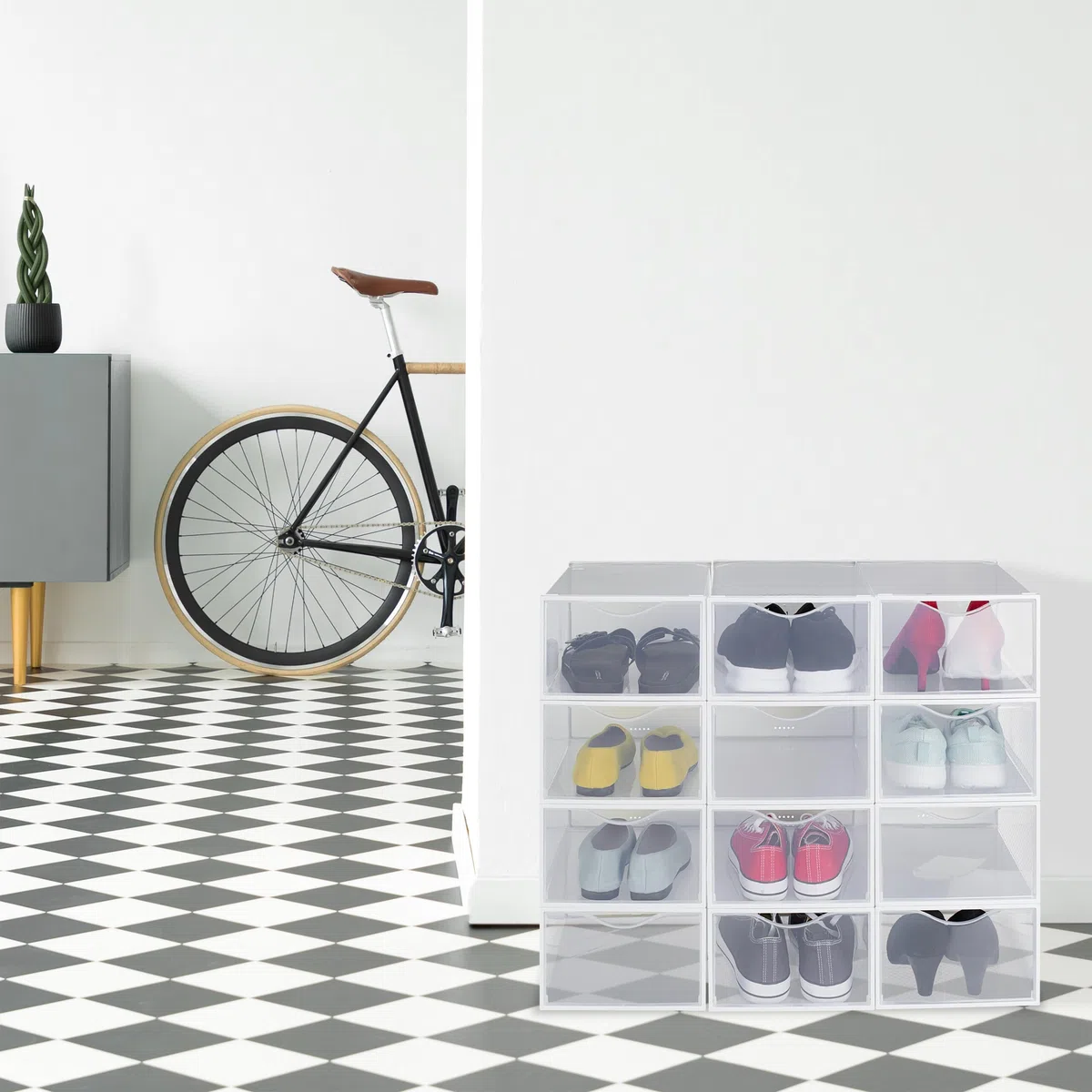 Relaxdays Set 12 Scatole di Plastica per Scarpe Fino al N. 45, Scarpiera con Box Impilabili, Shoe Organizer, Trasparenti
