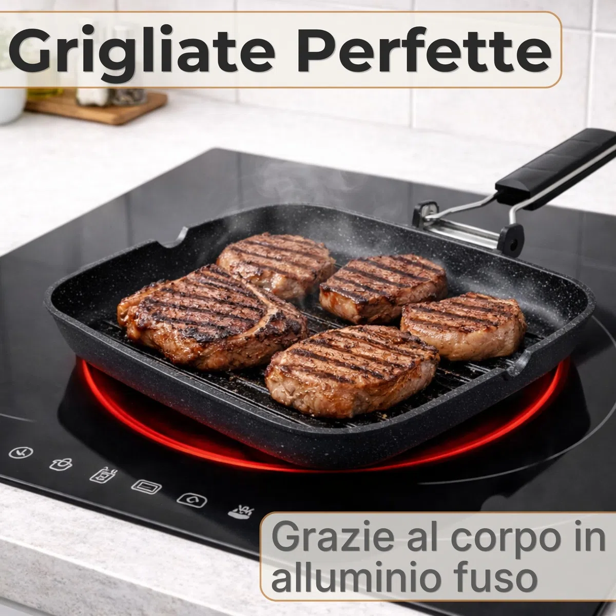 NAMAI - Bistecchiera Per Induzione 35 CM x 24 CM, Rivestimento Antiaderente, Alluminio Pressofuso, Adatta In Lavastoviglie, Manico Pieghevole Salvaspazio (35 x 24 CM)