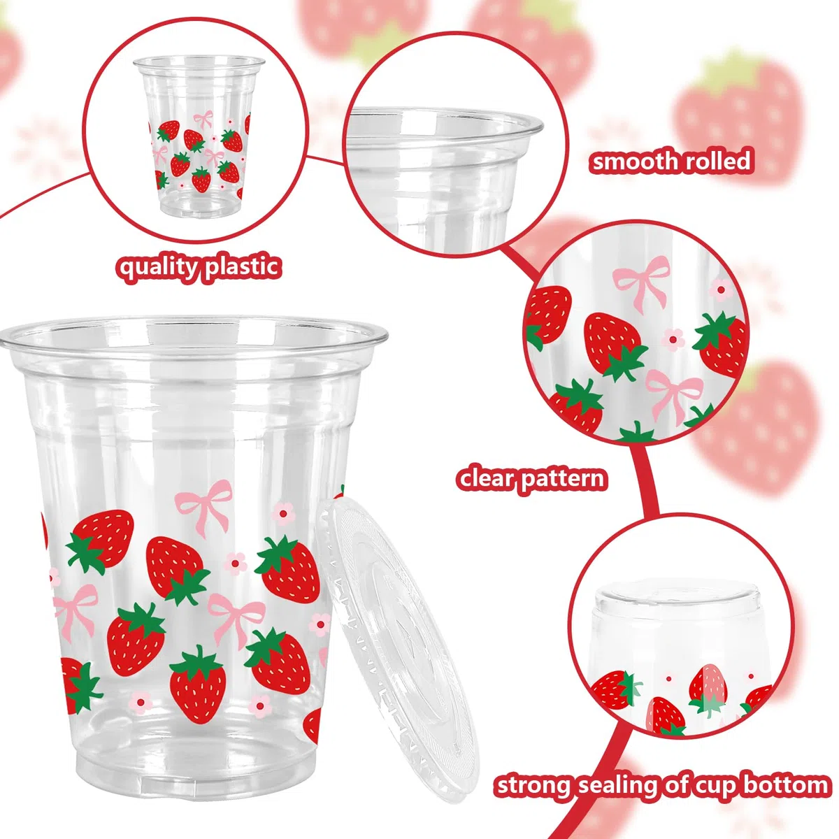 FYSUIMU 50 bicchieri di plastica con fragole con coperchi e cannucce, rosa, fiocchi, fragole, bicchieri in plastica trasparente, 350 ml, bicchieri usa e getta per feste di compleanno e matrimoni