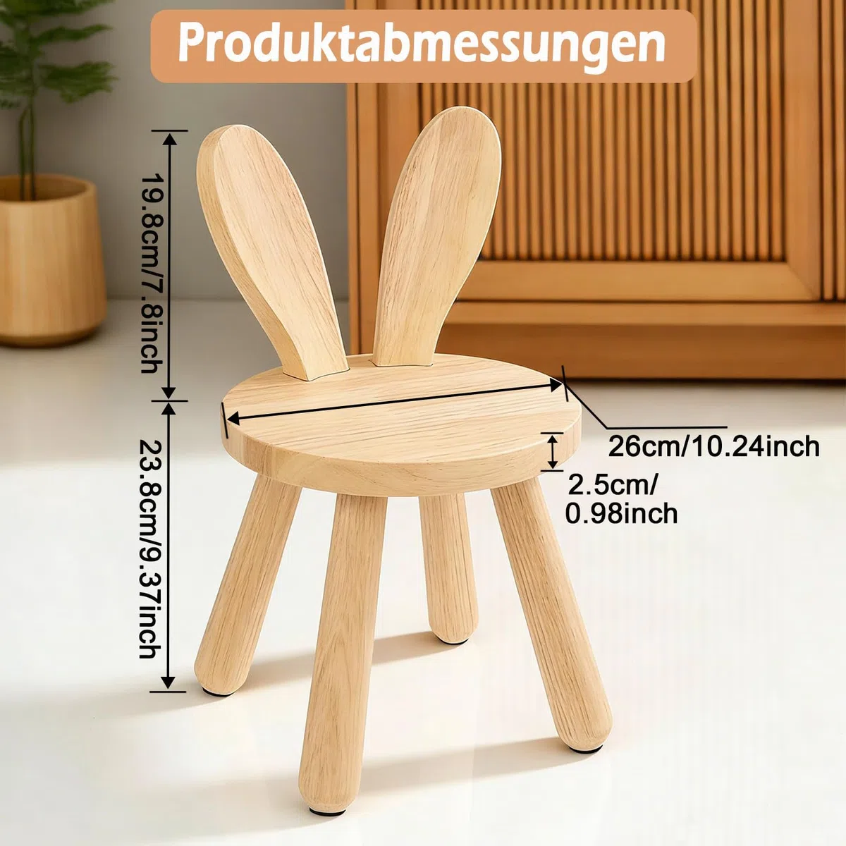 Sedia per bambini in legno, 45 x 26 cm, per cameretta dei bambini, stabile seggiolone con orecchie di coniglio, schienale per bambini, piccolo sgabello per mangiare, giocare e leggere