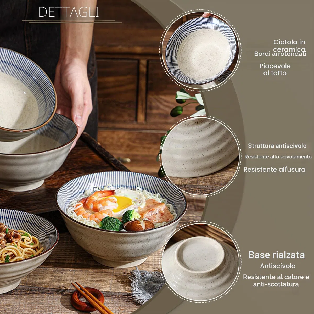 SDFVSDF Ciotola per Ramen in Ceramica, Ciotole per Ramen retrò Regalo Creativo con Bacchette e cucchiai, per microonde, per Macedonia, Verdure, Pasta - 1100 ml (2)