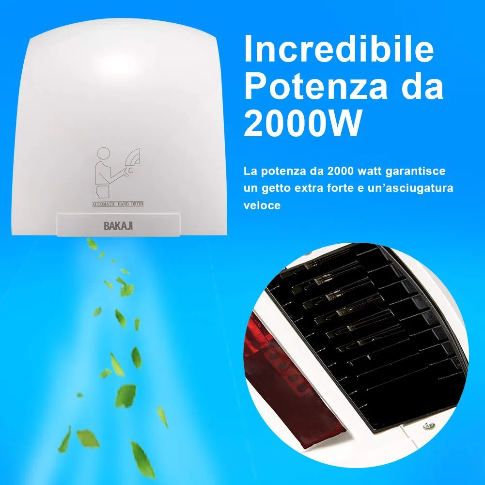 BAKAJI Asciugamani Automatico Elettrico Hotel Asciuga Mani ad Aria Calda da Parete Bagno con Sensore Fotocellula (2000 Watt)