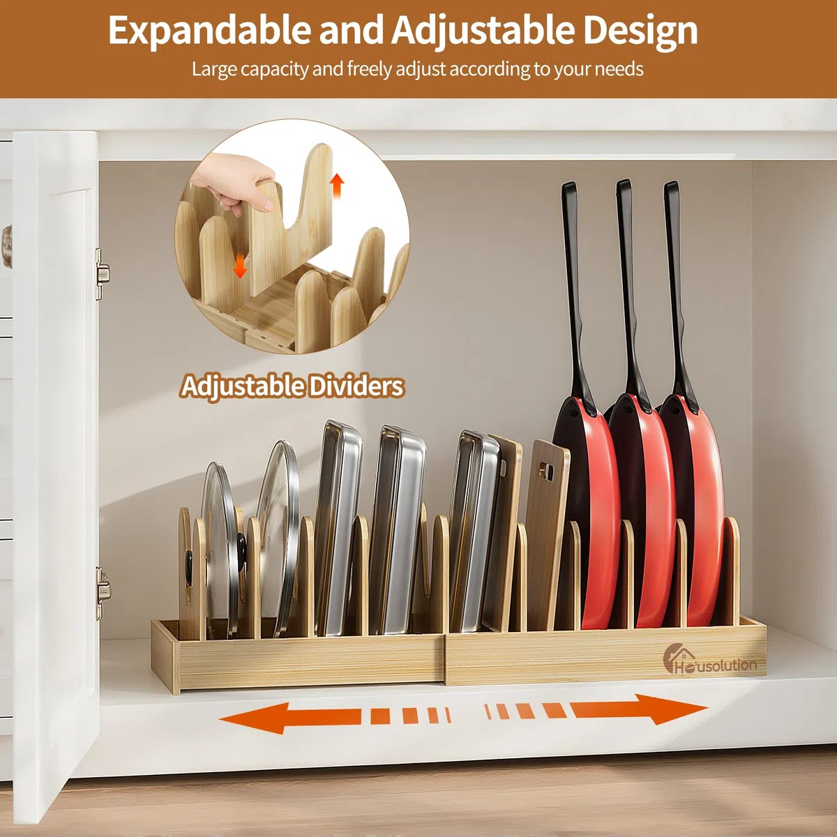 Housolution Bambù Porta Pentole e Padelle da Cassettone, 40cm-75cm Espandibile Porta Coperchi Pentole con 10 Scomparti Regolabili, Organizer Coperchi Pentole e Padelle per Cucina