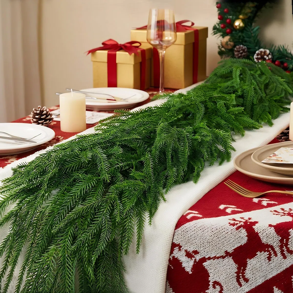 Ghirlanda Natalizia, 270cm Ghirlanda di Natale Artificiale con 38 Pezzi Ornamenti e Luci 30 LED Addobbi Natalizi per la Casa per Porta, Camini, Scale, Centrotavola Natalizio (2.7 m)