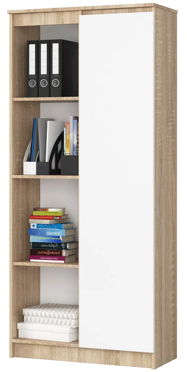 AKORD | Libreria per ufficio CLP 80cm | 4 Ripiani esterni 1 Anta | Scaffale Soggiorno | Porta Libri | Mobile Moderna con Ripiani | Salvaspazio | Librerie da Terra | Sonoma/Wit
