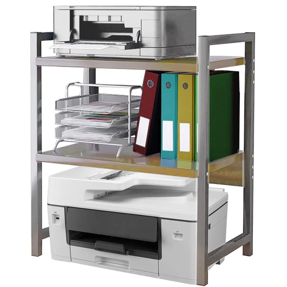 BAKAJI Scaffalatura Porta Stampante Salvaspazio in Acciaio e Legno, Mensola a 2 Ripiani con Piedini Anti Scivolo per Stampanti, Unità di Mensole Supporto da Ufficio Design Industrial (Beige + Bianco)
