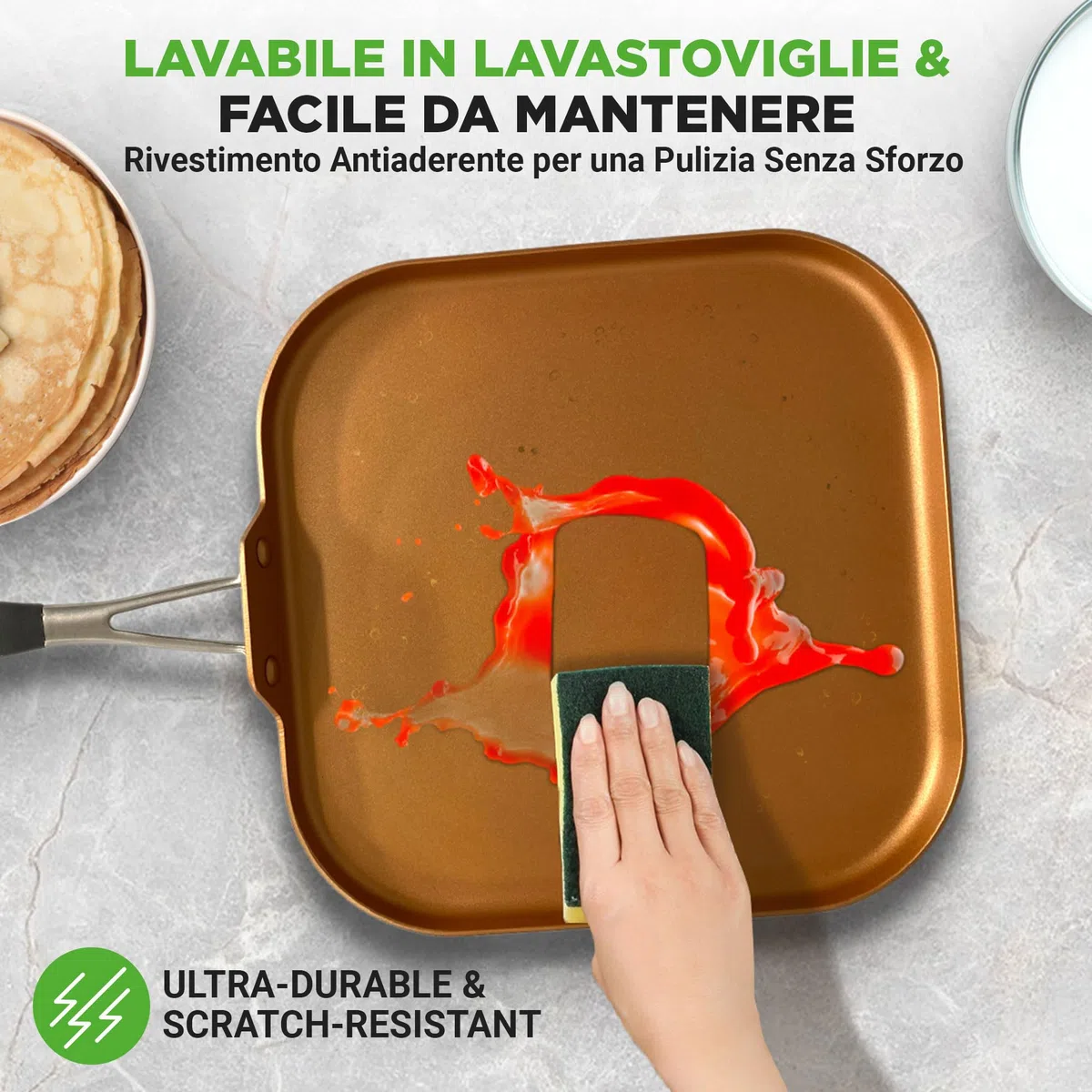 NutriChef Padella Antiaderente 26 cm, Piastra Cucina Rame, Esterno Anodizzato Resistente al Calore, Manico Silicone, Perfetta per Crepes, Pancake, Omelette, Frittata e Piadine