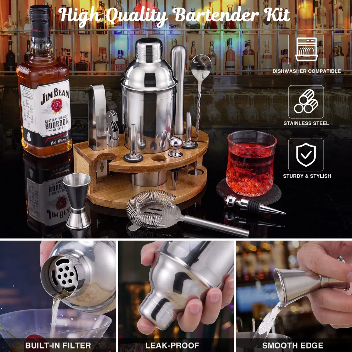Set Cocktail Shaker con Supporto, Kit Barman Professionale da 750 ml da 12 Pezzi per Mescolare Bevande, Regali per Uomini, Papà, Donne, Amanti dei Cocktail, Set da Barista per Feste da Bar a Casa