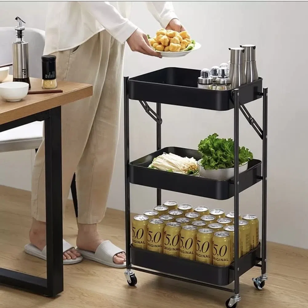 BAKAJI Carrello Cucina Pieghevole con 3 Ripiani Cestelli 4 Ruote girevoli a 360 Gradi con Freno Integrato in Metallo Trolley Salvaspazio da Servizio Dimensioni 29 x 40 x 76 cm (Nero)