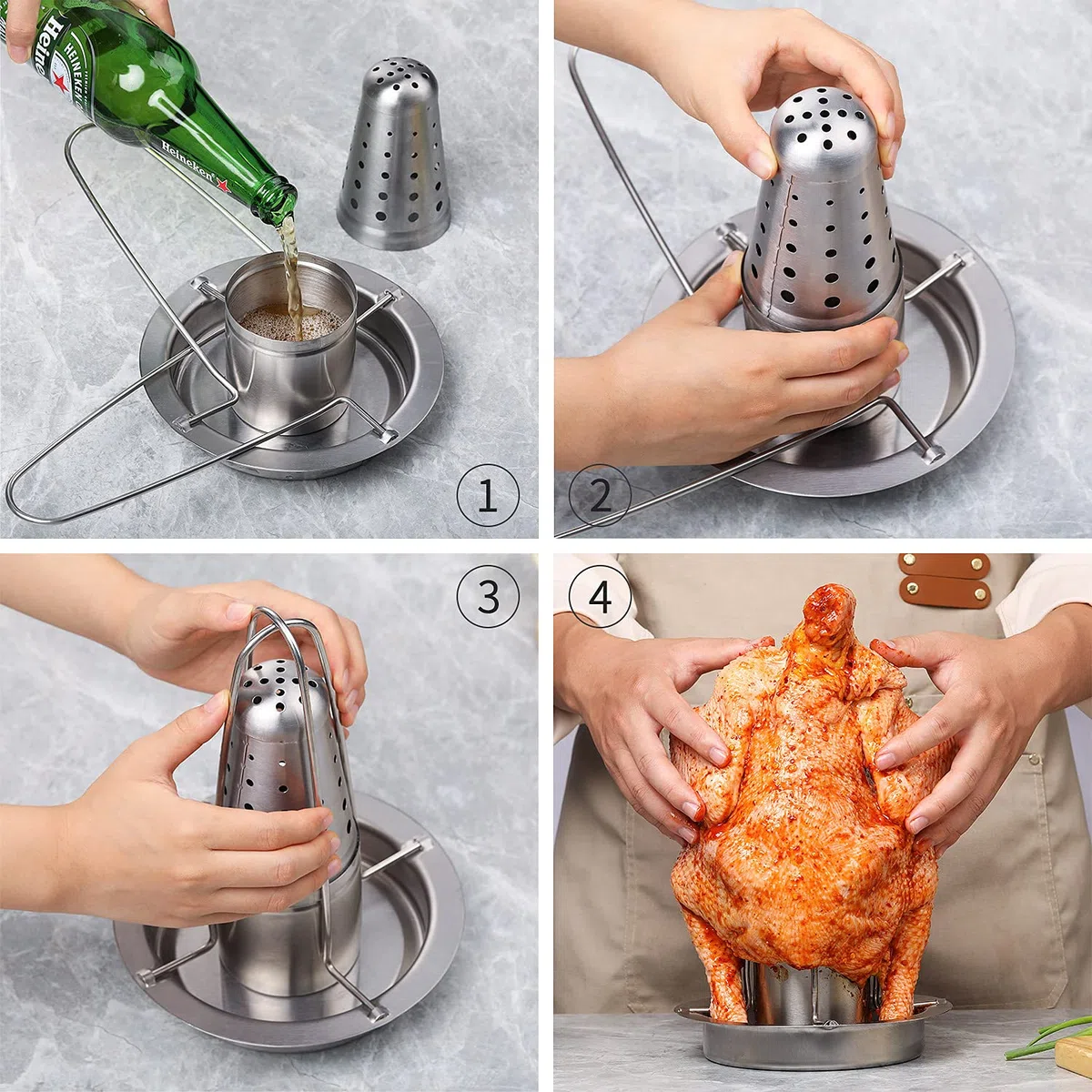 AMOZO Rostiera per pollo - Il nuovo supporto per pollo in acciaio inox 304 - Griglia per pollo alla birra - Griglia per polli con contenitore per aromi (2 pezzi)