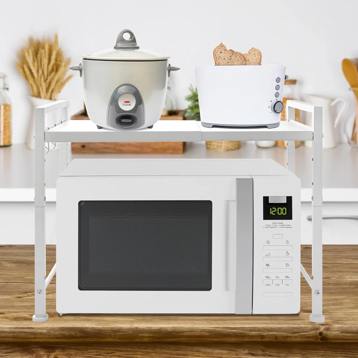IBVIVIC 2 livelli, supporto estensibile in metallo, forno a microonde, supporto per scaffale per forno a microonde, altezza e larghezza regolabile, con 3 ganci per il posto per lo stoccaggio della