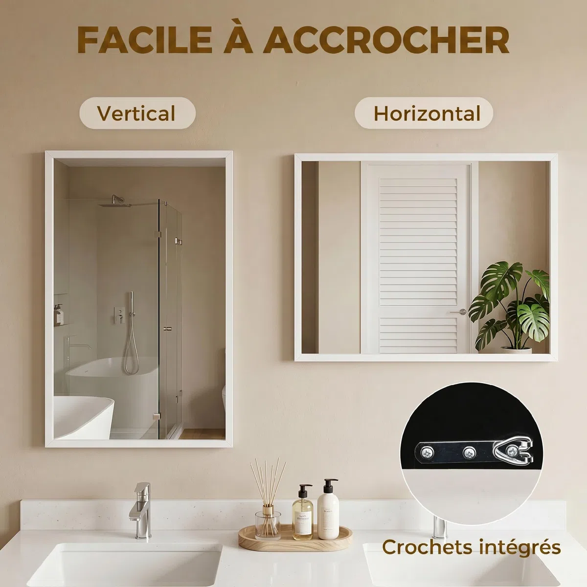 HOMCOM Specchio Bagno Parete Rettangolare con Ganci, Specchio da Camera in Vetro e MDF, 50x70 cm, Bianco