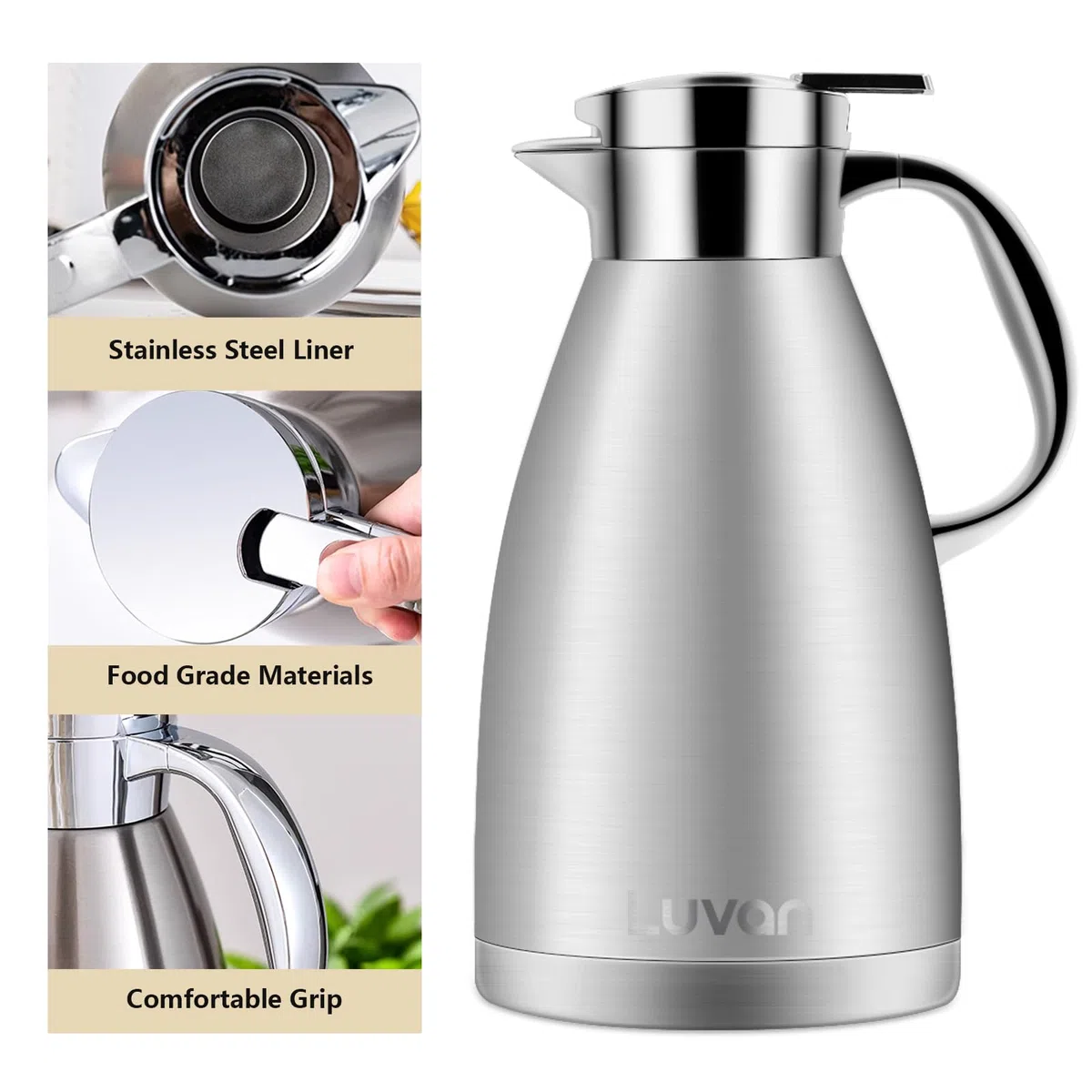 Luvan Caraffa Termica da 1.8 Litri, in Acciaio Inox 18/10 brocca/Thermos a Doppia Parete, isolata sotto Vuoto, con Coperchio a Pressione,conservazione a Freddo o Caldo per più di 24